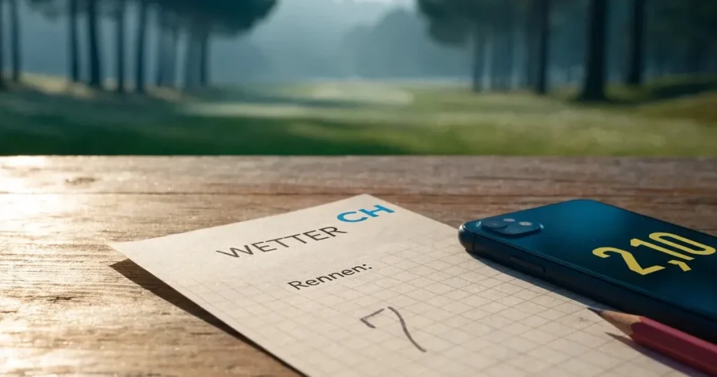 Ein weites Fairway zieht sich im Dunst des frühen Morgens zwischen Föhren hin, Tau liegt auf dem kurzen Gras.