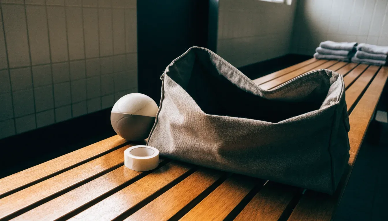 Eine Stofftasche mit Klebeband und zwei Handbällen steht auf einer Bank in einer Umkleide, Licht fällt durch ein kleines Fenster.