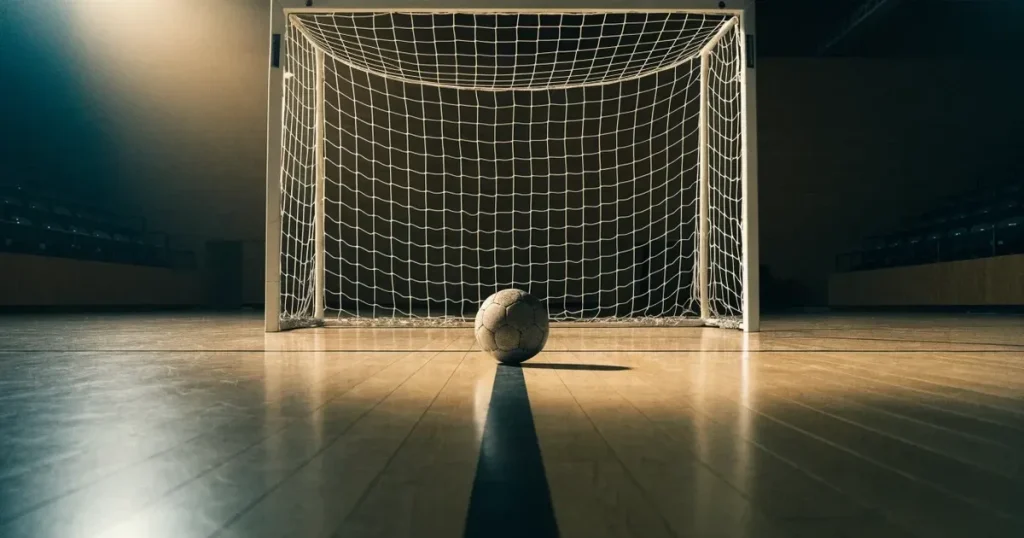 Ein Tor mit dicht gespanntem Netz steht in einer grossen Halle, davor liegt ein Handball auf der Torraumlinie.