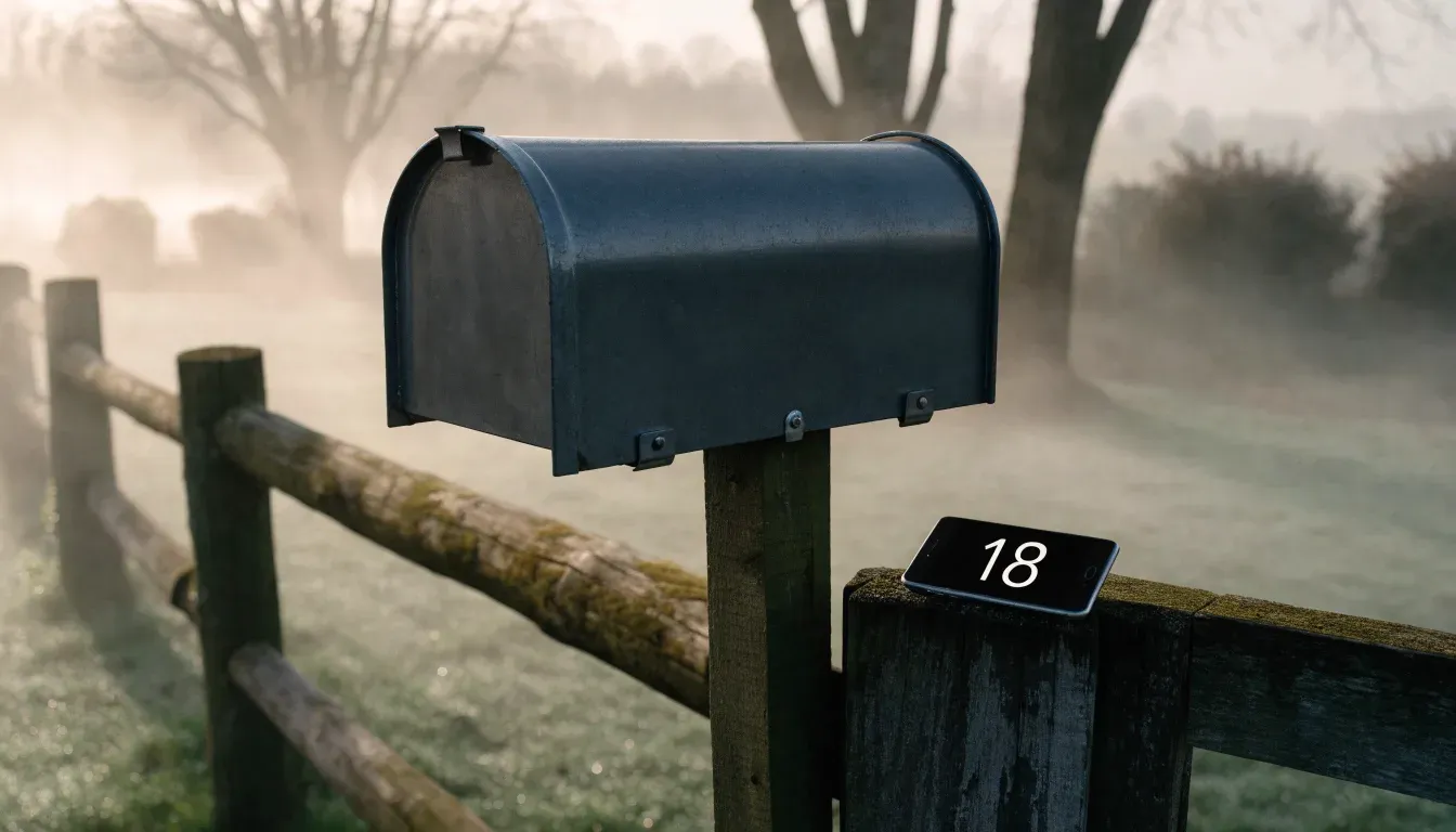 Ein Briefkasten aus Metall hängt an einem Holzzaun, dahinter liegt ein Garten im Morgennebel.