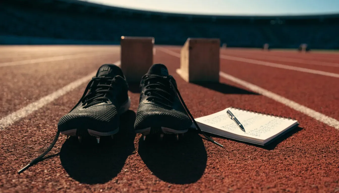 Ein Paar Laufschuhe mit Spikes liegt auf einer Tartanbahn neben einem Startblock, die Linien verlaufen in die Ferne.
