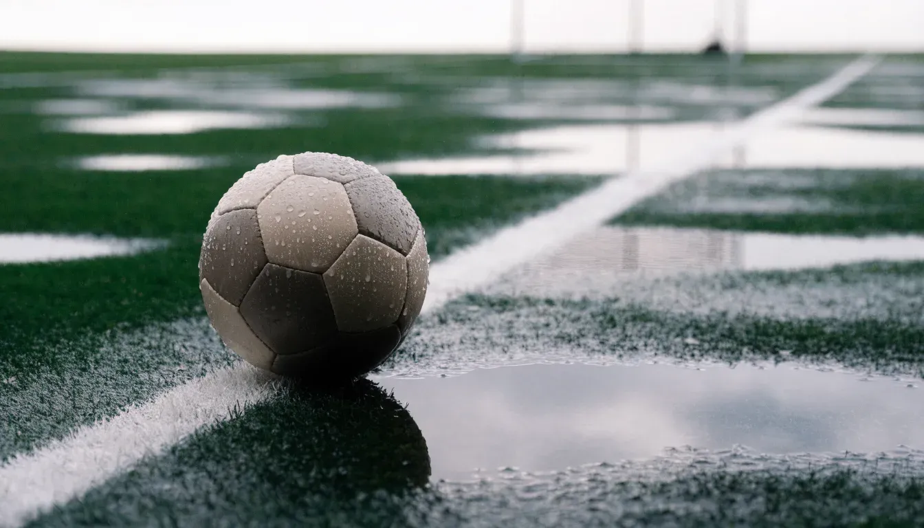 Ein Fussball liegt auf nassem Kunstrasen neben einer weissen Linie, Pfützen spiegeln den Himmel.