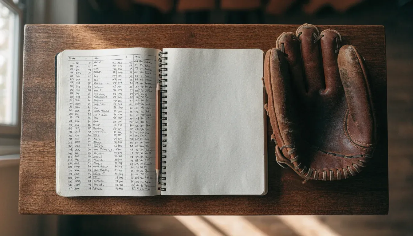 Ein aufgeschlagenes Notizbuch mit handgeschriebenen Notizen und ein Bleistift liegen auf einem Holztisch neben einem abgegriffenen Baseballhandschuh.