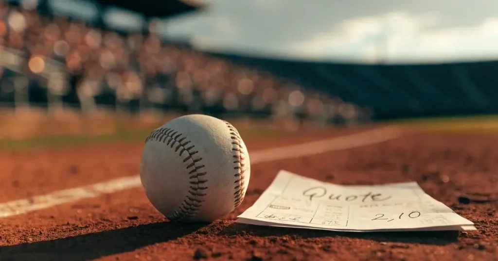 Ein weisser Baseball liegt auf rotbraunem Sand neben der Grundlinie eines leeren Stadions im warmen Abendlicht, die Ränge sind verlassen.