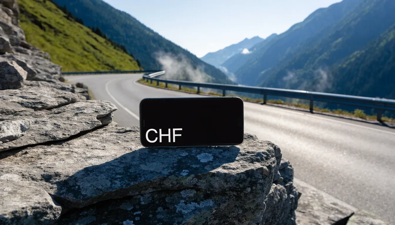Eine Passstrasse in den Alpen mit enger Kurve und Leitplanke, darüber ein klarer Morgenhimmel und einzelne Nebelschwaden im Tal.