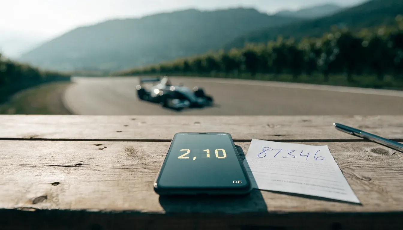 Eine Rennstrecke aus der Ferne zwischen Weinbergen und einer Bergkette, Dunst liegt am frühen Morgen über dem Asphalt.