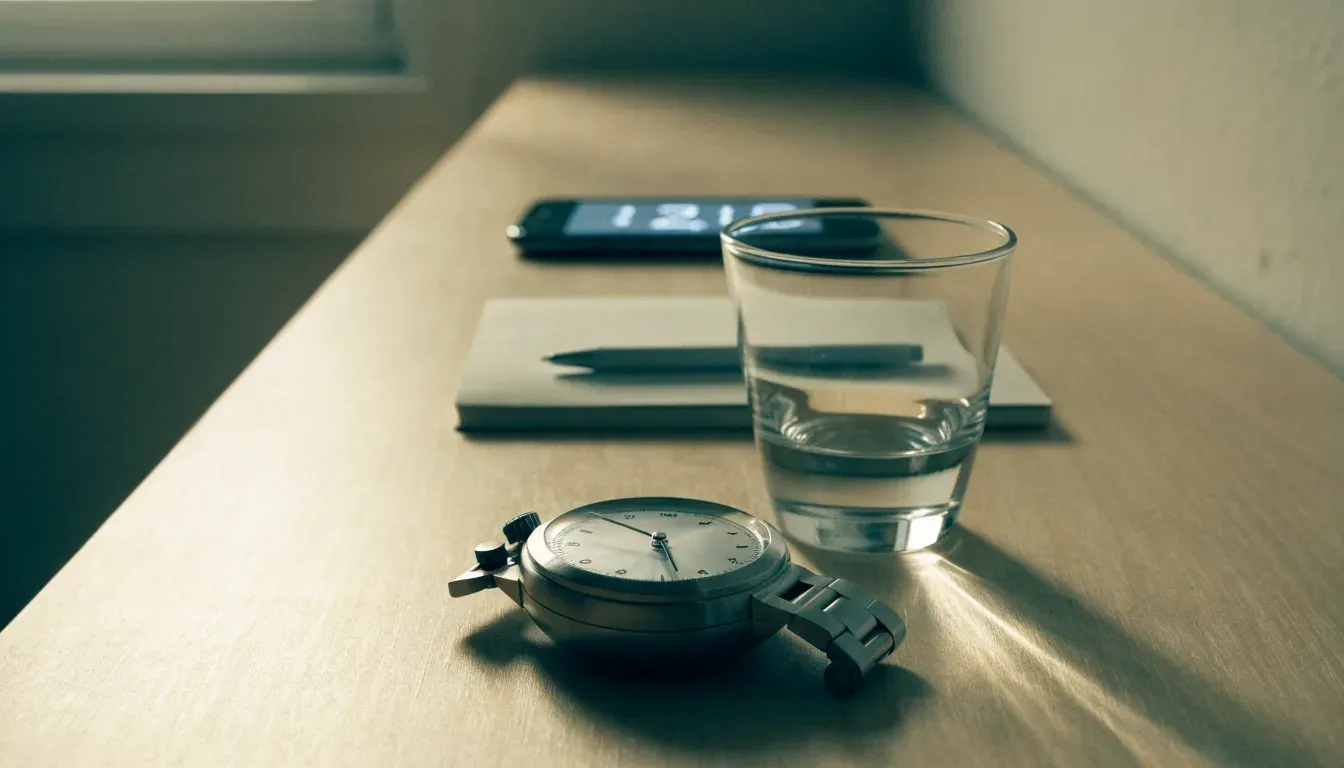 Eine Stoppuhr aus Metall liegt auf einem Holztisch neben einem Glas Wasser, das Licht fällt von der Seite durch ein Fenster.