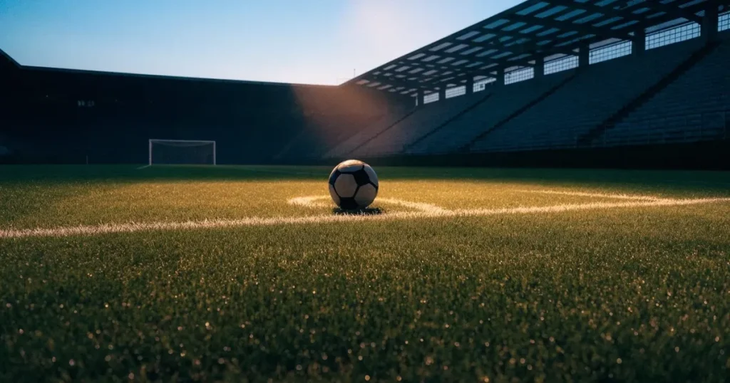 Ein Fussball liegt auf dem Mittelpunkt eines leeren Rasens, im Hintergrund steigen steile Tribünen in der Dämmerung auf.