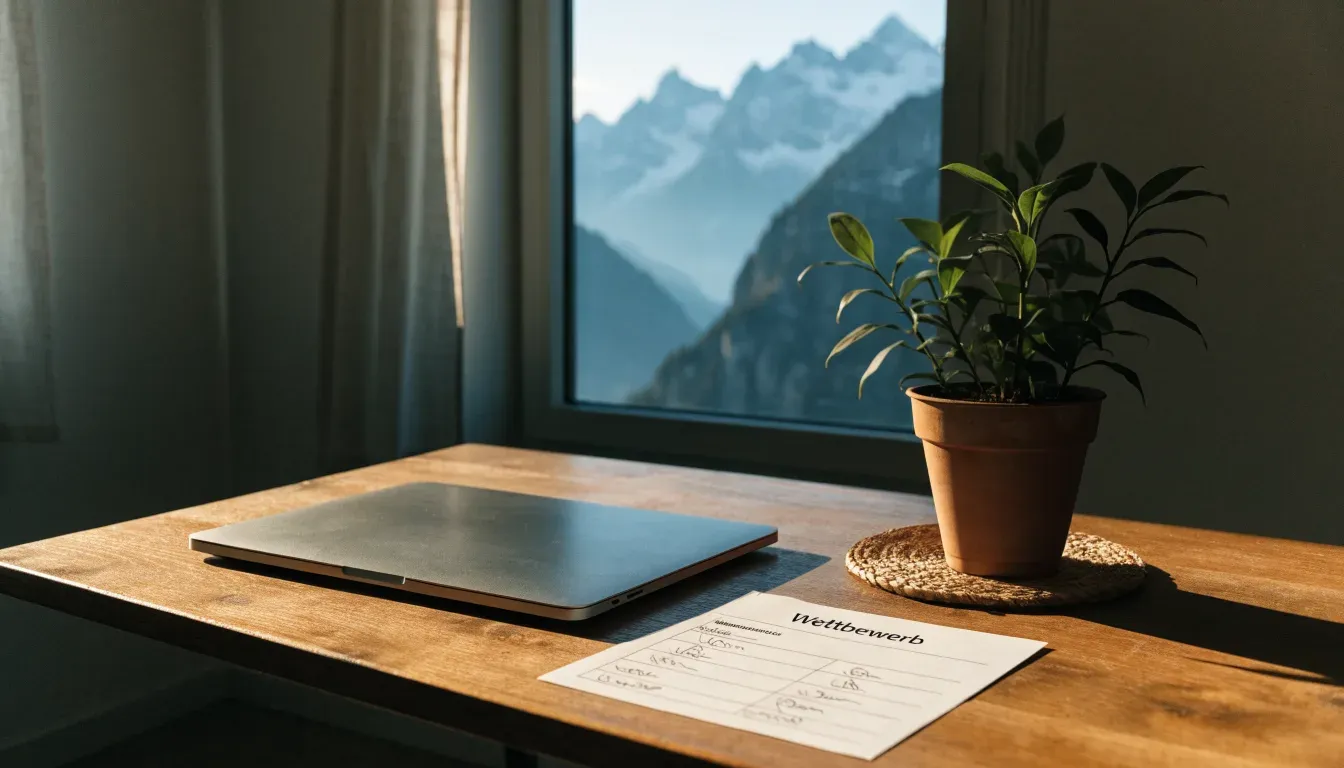 Ein Schreibtisch mit einem geschlossenen Laptop und einer Zimmerpflanze vor einem Fenster mit Blick auf eine Bergkette im Morgenlicht.
