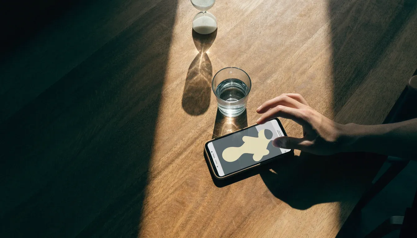 Eine Sanduhr steht auf einem Holztisch neben einem Glas Wasser, schräges Morgenlicht wirft einen langen Schatten über die Tischplatte.