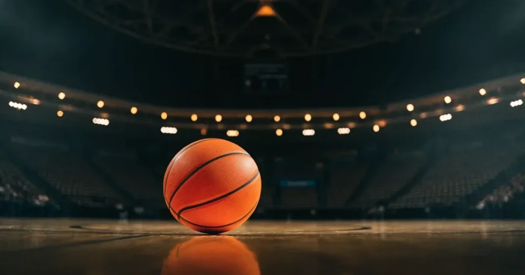 Ein orangefarbener Basketball liegt auf dem Parkett einer leeren Halle unter hellem Flutlicht, die Tribünen sind dunkel.