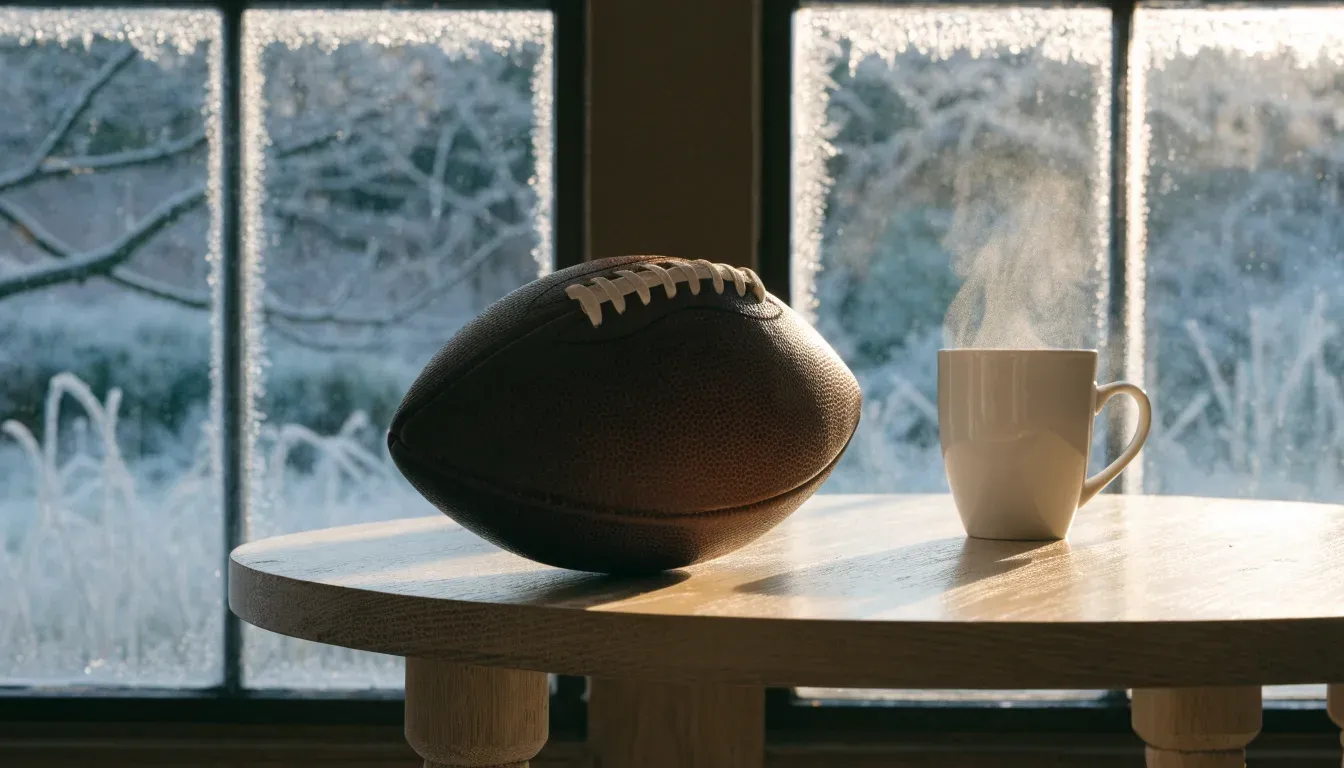 Ein Kaffeebecher und ein Football stehen auf einem Küchentisch am Morgen, durch das Fenster sieht man einen Garten mit Raureif.