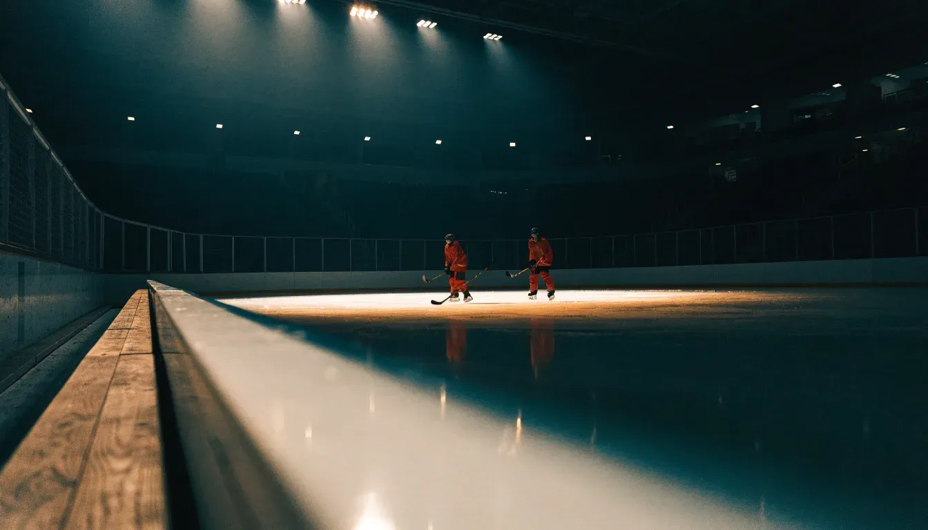 Ein Eishockeyschläger lehnt an der Bande, in der Ferne liegt die hell beleuchtete Eisfläche einer Halle unter Flutlicht.