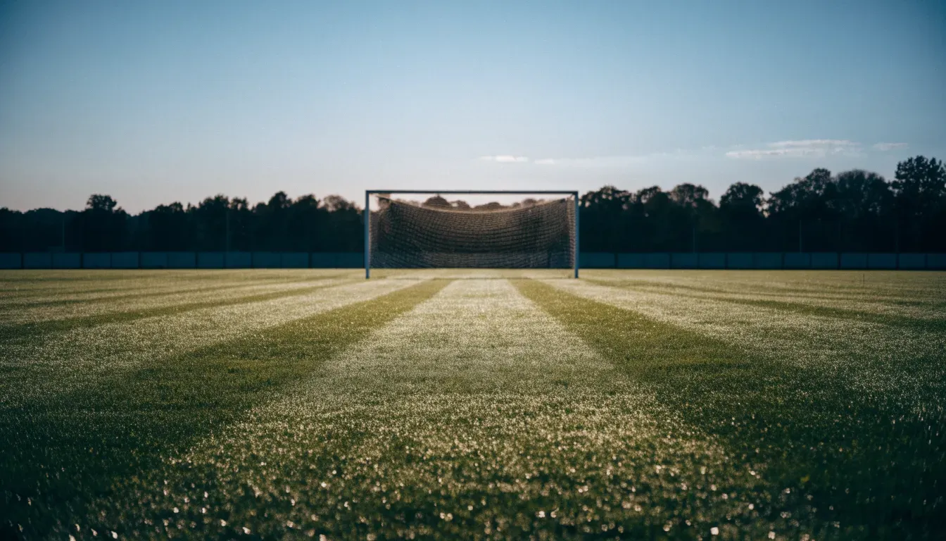 Ein Fussballtor mit Netz in der Totalen auf einem leeren Platz, Tau glänzt im Gras und die Morgensonne steht tief.