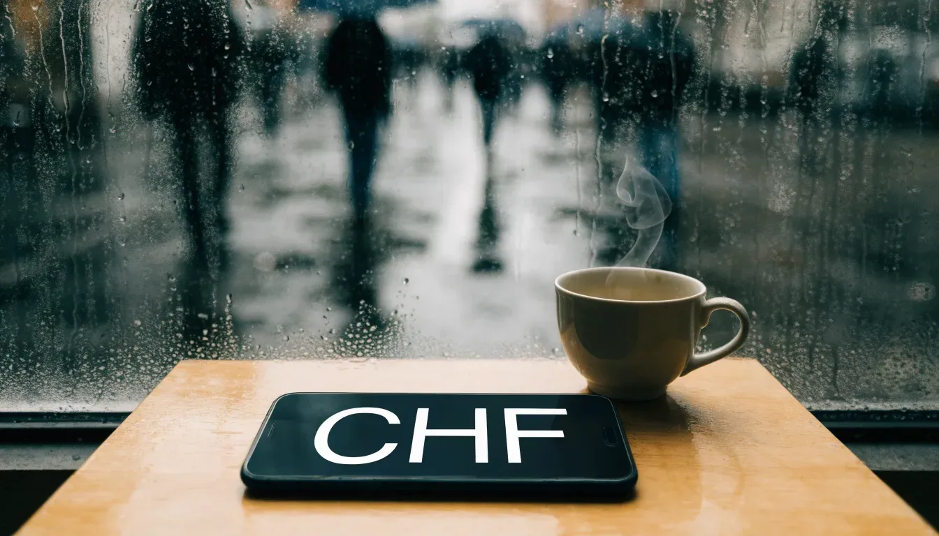 Ein Café-Tisch am Fenster mit einer Teetasse, draussen ein nasser Gehweg und Passanten mit Regenschirmen in unscharfer Ferne.