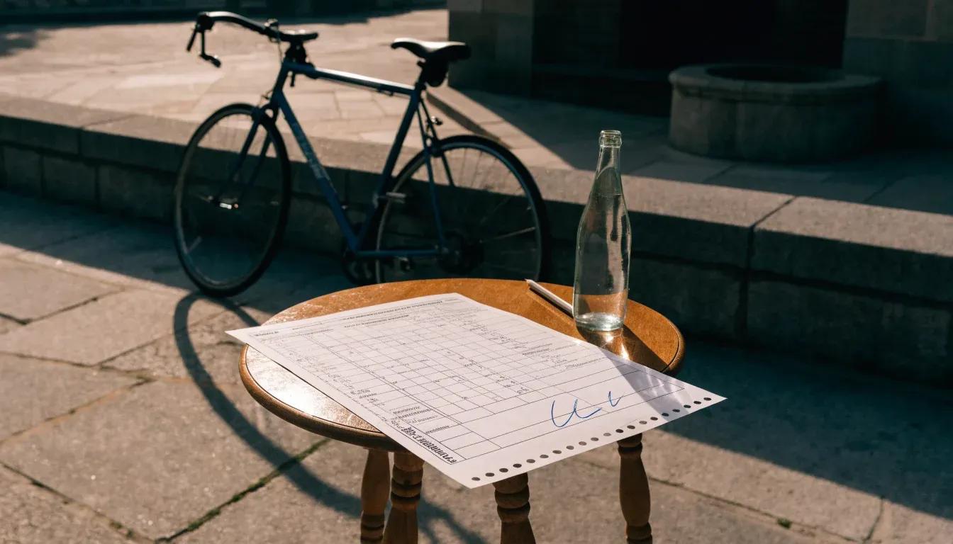 Ein Rennrad lehnt an einer Steinmauer am Rand eines Dorfplatzes, daneben eine Trinkflasche im ersten Sonnenlicht.