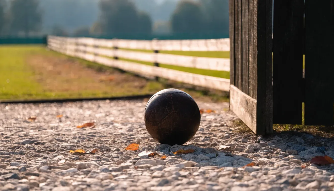 Ein abgenutzter Fussball liegt auf einem Kiesweg neben dem Eingang eines Vereinsplatzes, Laub liegt auf dem Boden.