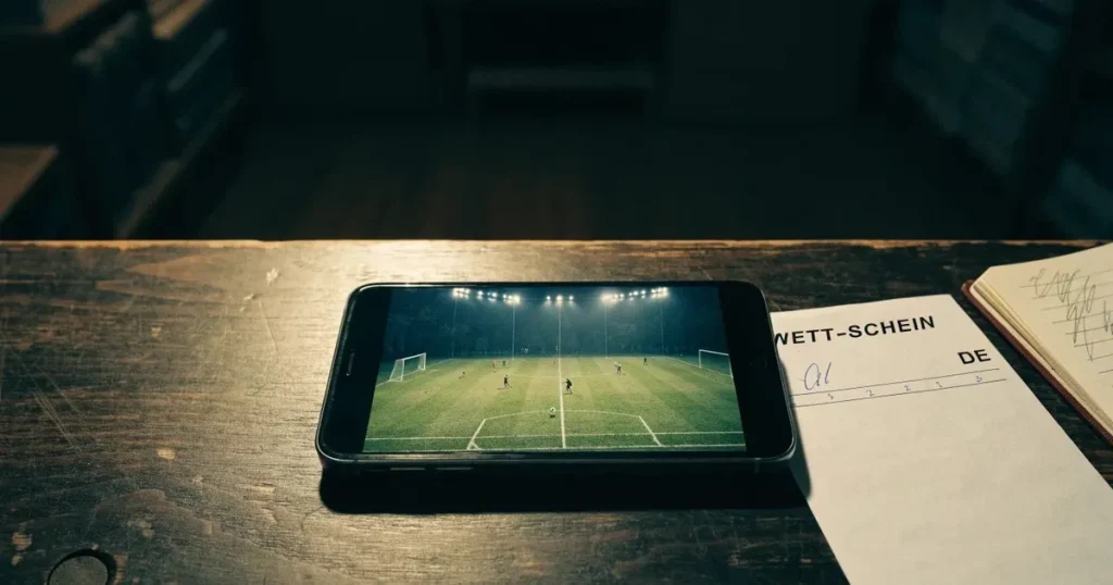 Ein kleiner Fussballplatz mit einfacher Holztribüne und Rasenstreifen am Rand einer Ortschaft, im Hintergrund ein bewaldeter Hügel im Abendlicht.