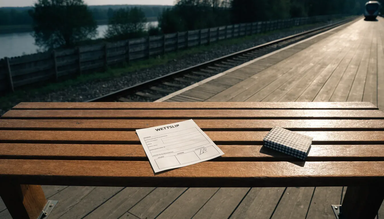 Ein Bahnsteig mit leeren Bänken an einem Regionalbahnhof am Morgen, ein Zug fährt in der Ferne ein.