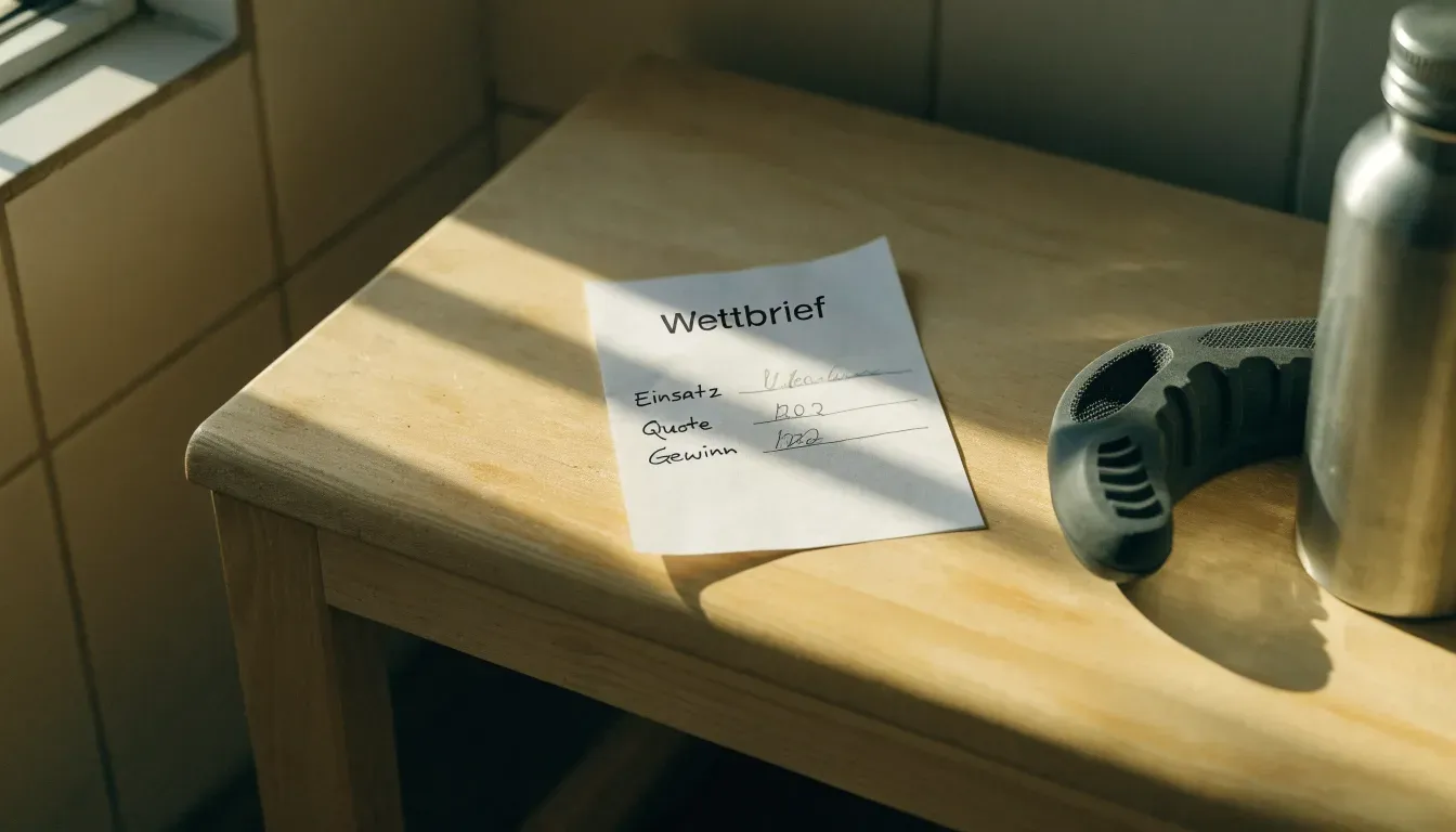 Ein Mundschutz liegt auf einer Holzbank neben einer Trinkflasche in einer schlichten Kabine, durch das Fenster fällt Morgenlicht.