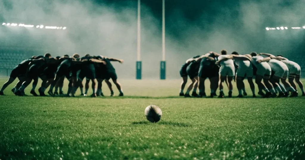 Ein ovaler Rugbyball liegt auf feuchtem Rasen vor zwei hohen Torstangen, hinter dem Spielfeld steigen Nebelschwaden auf.