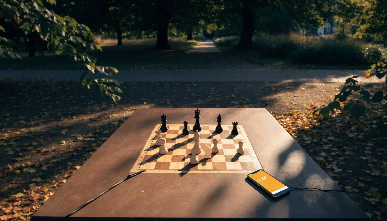 Ein Parkbank-Tisch mit eingelassenem Spielfeld unter alten Kastanien, auf den Wegen liegt Laub und die Sonne steht tief.