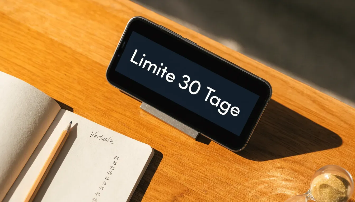 Eine Sanduhr steht auf einem Holztisch neben einem umgedrehten Smartphone, warmes Licht fällt von der Seite ein.