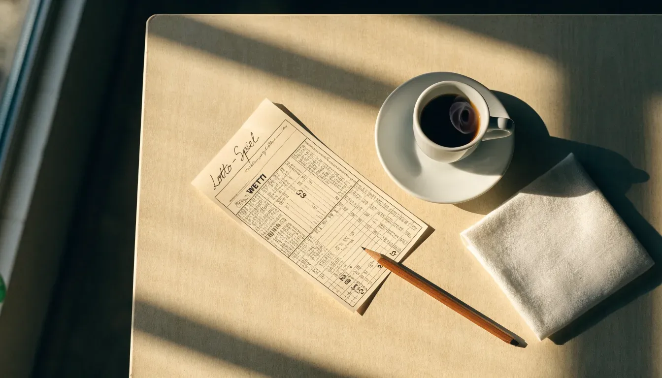 Eine Espressotasse und ein Bleistift liegen auf einem Caféhaustisch neben einer gefalteten Stoffserviette im Licht der Morgensonne.