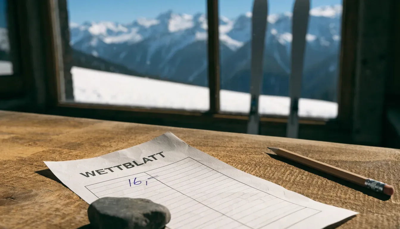 Zwei Skier stecken aufrecht im Schnee neben einer Holzhütte, dahinter ein weites Alpenpanorama bei klarem Himmel.