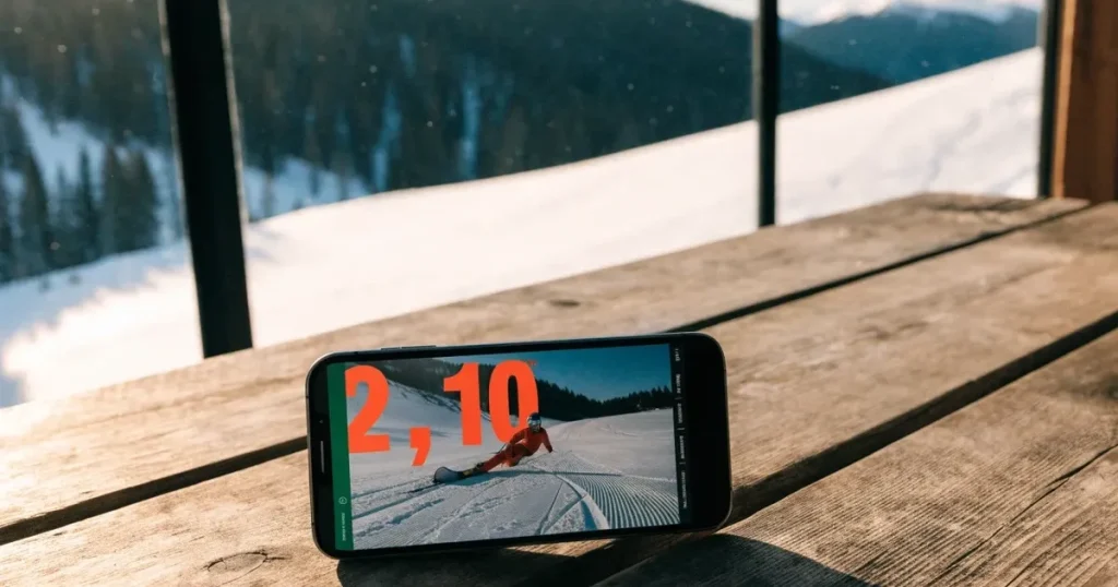 Ein frisch präparierter Hang mit Slalomstangen in einer Reihe im ersten Morgenlicht, Schneespuren im Hang und Berge im Hintergrund.
