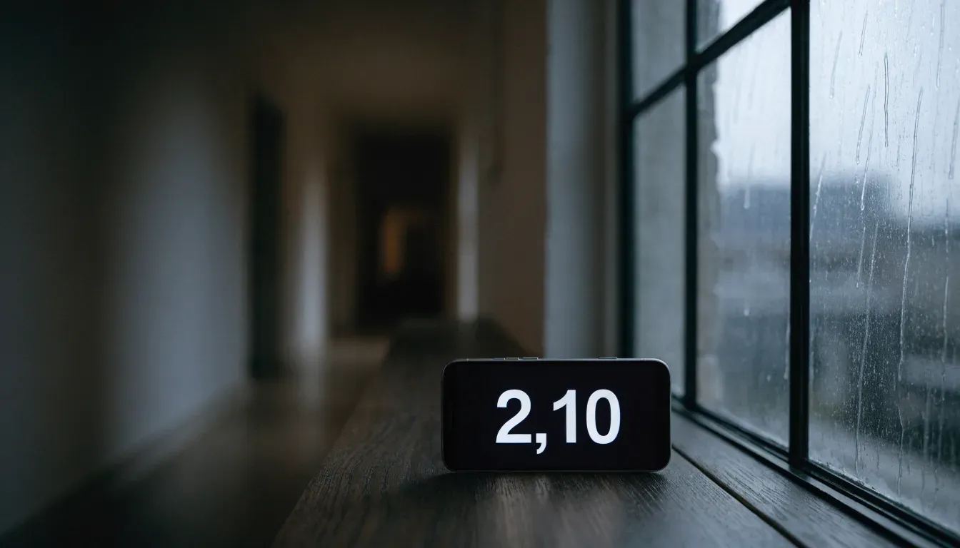 Eine Garderobe aus Holz mit einem dunklen Regenschirm in einem stillen Korridor, am Fenster rinnt Regen herunter.