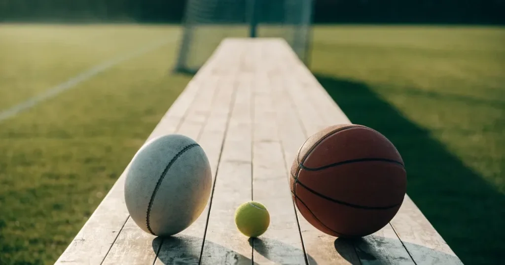 Drei Sportbälle, ein Fussball, ein Tennisball und ein Basketball, liegen nebeneinander auf einer Holzbank.