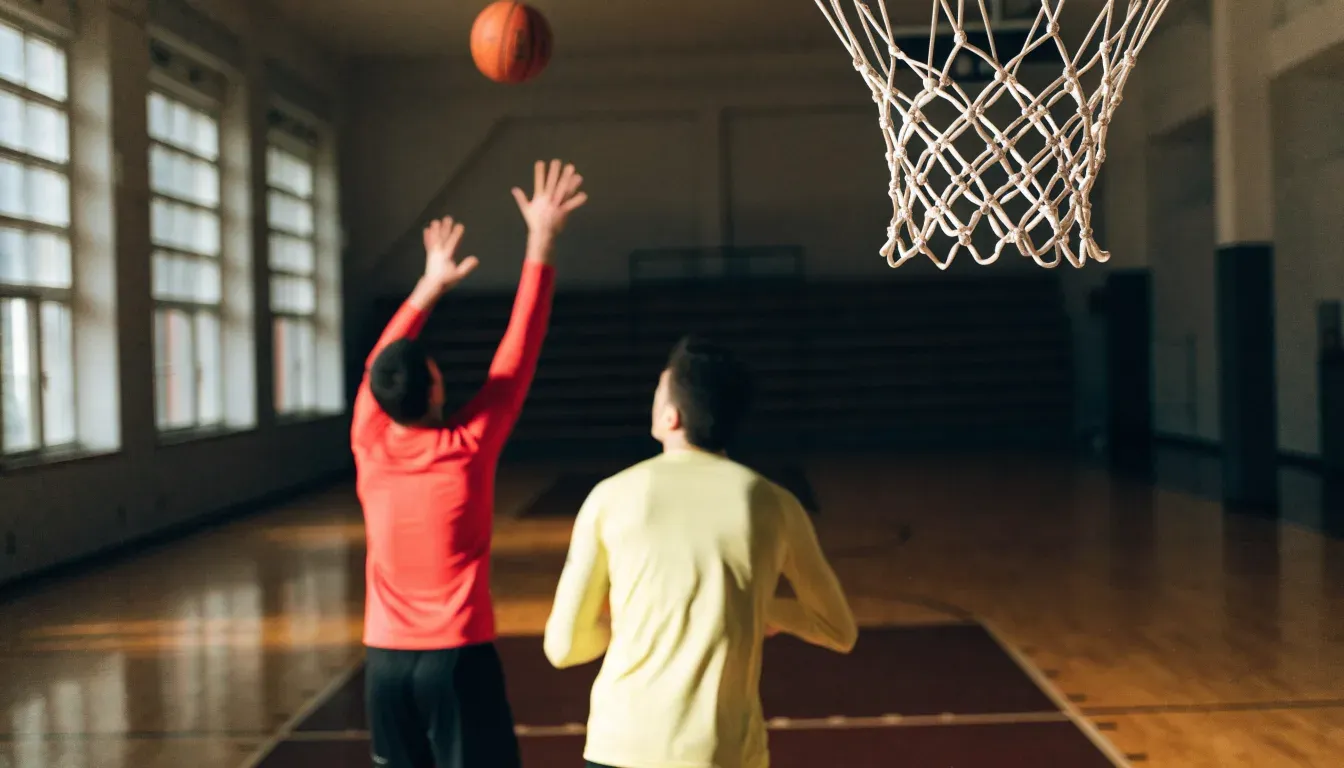 Ein Basketballkorb hängt in einer leeren Turnhalle, durch hohe Fenster fällt Licht auf das Holzparkett.