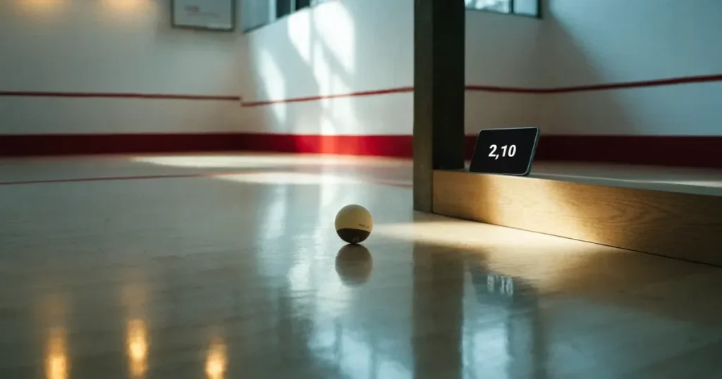 Ein leerer Squashcourt mit weissen Wänden und hellem Holzboden, ein Ball liegt in der Mitte, Deckenlicht spiegelt sich im Parkett.