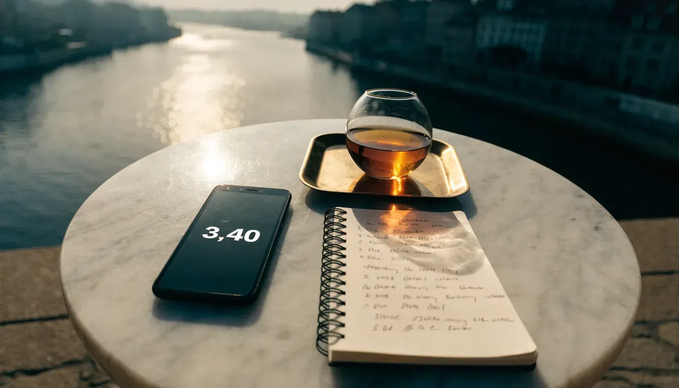 Ein Teeglas auf einem kleinen Messingtablett steht auf einem Tisch eines Hafencafés, im Hintergrund glitzert eine Meerenge.