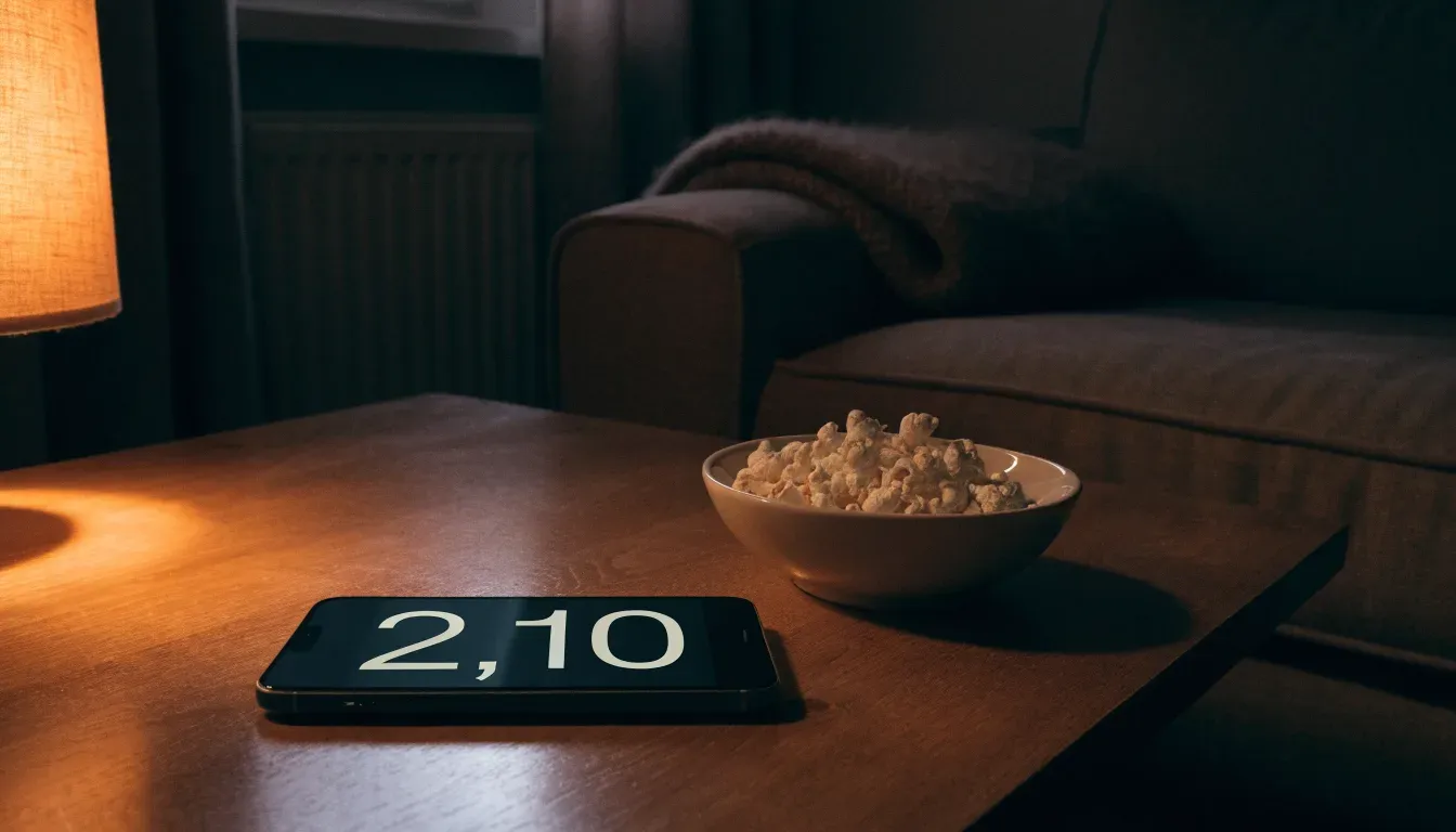 Ein Sofa mit Wolldecke und eine Schale Popcorn auf dem Couchtisch in einem Wohnzimmer bei Lampenlicht am späten Abend.