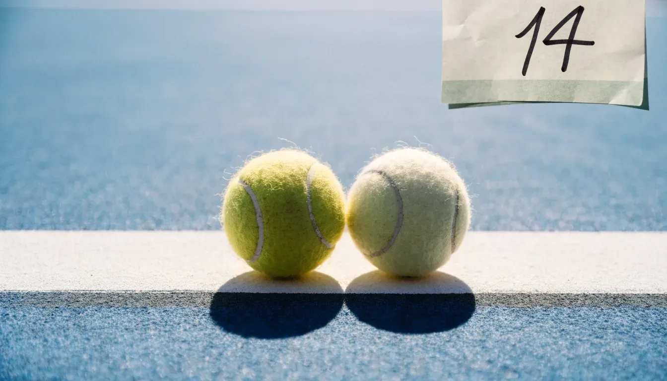 Zwei Tennisbälle liegen auf der weissen Grundlinie eines Hartplatzes im grellen Sonnenlicht.