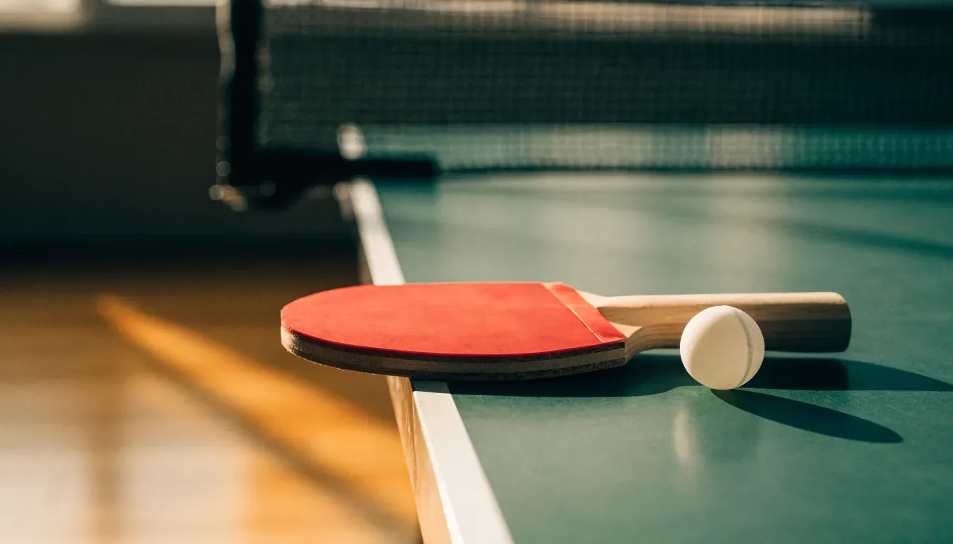 Zwei Tischtennisschläger liegen gekreuzt am Rand einer Platte, daneben ein kleiner weisser Ball.