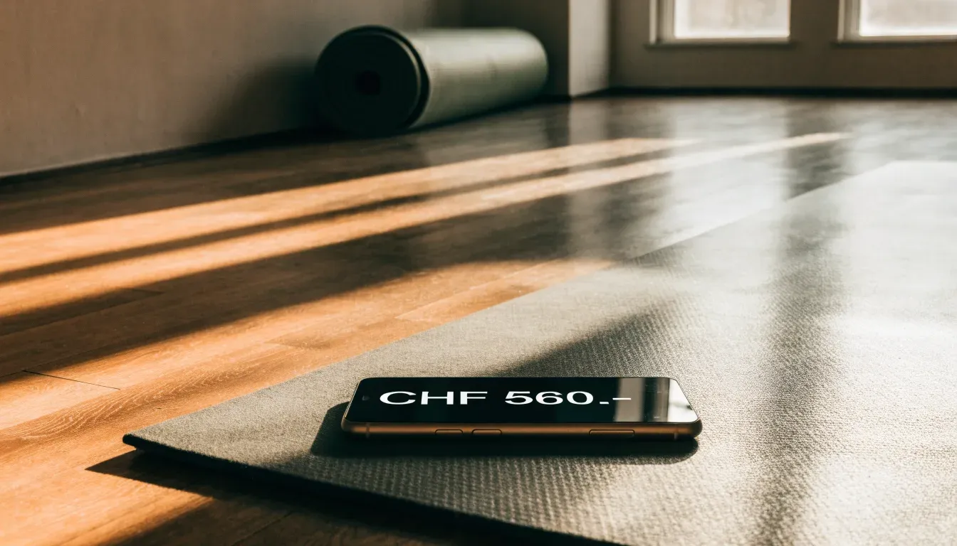 Eine zusammengerollte Trainingsmatte in der Ecke eines leeren Fitnessraums, durch hohe Fenster fällt Morgenlicht.