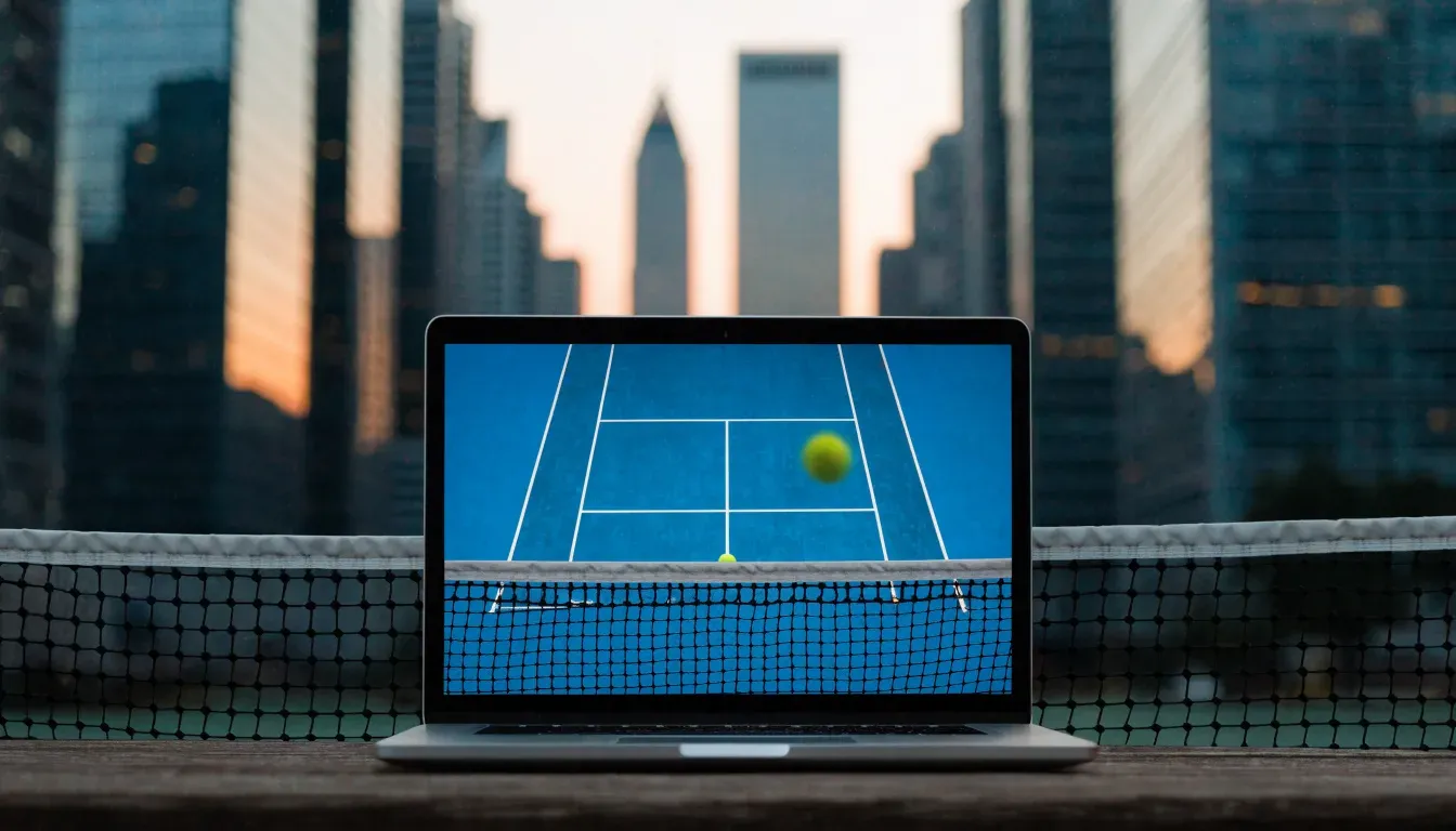 Die Hochhäuser einer Grossstadt in der Dämmerung, gesehen von einem Park, im Vordergrund ein gespanntes Tennisnetz.