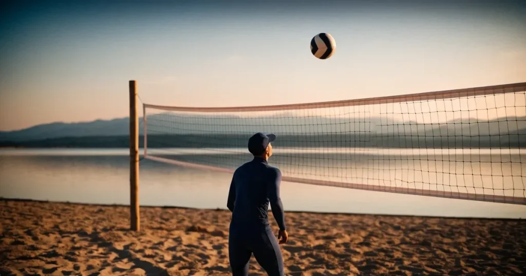Ein Volleyball liegt im Sand eines Beachplatzes, zwischen zwei Pfosten ist ein Netz gespannt, tiefe Abendsonne wirft lange Schatten.