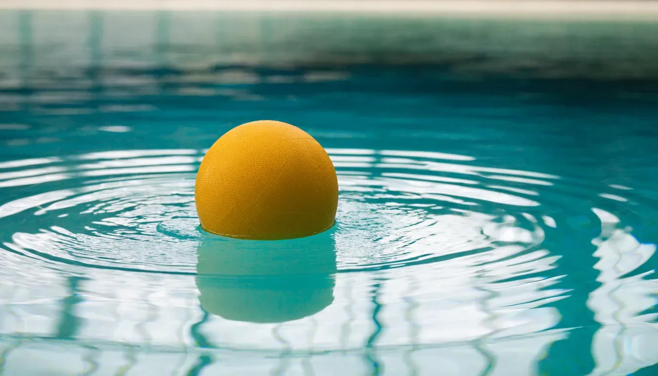Ein gelber Ball treibt auf ruhigem türkisfarbenem Beckenwasser, feine Wellen im weichen Licht.