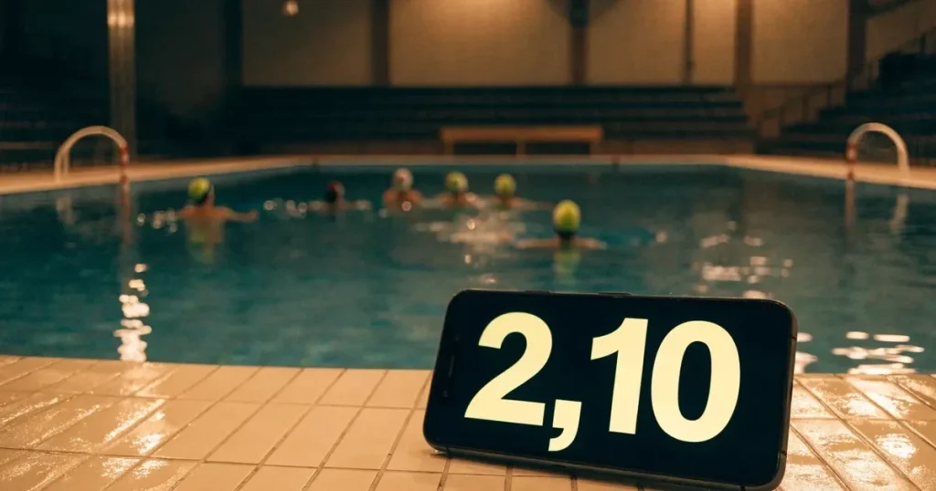 Ein Wasserballbecken am Abend mit zwei schwimmenden Torrahmen an den Enden, ruhiges blaues Wasser, leere Ränge.
