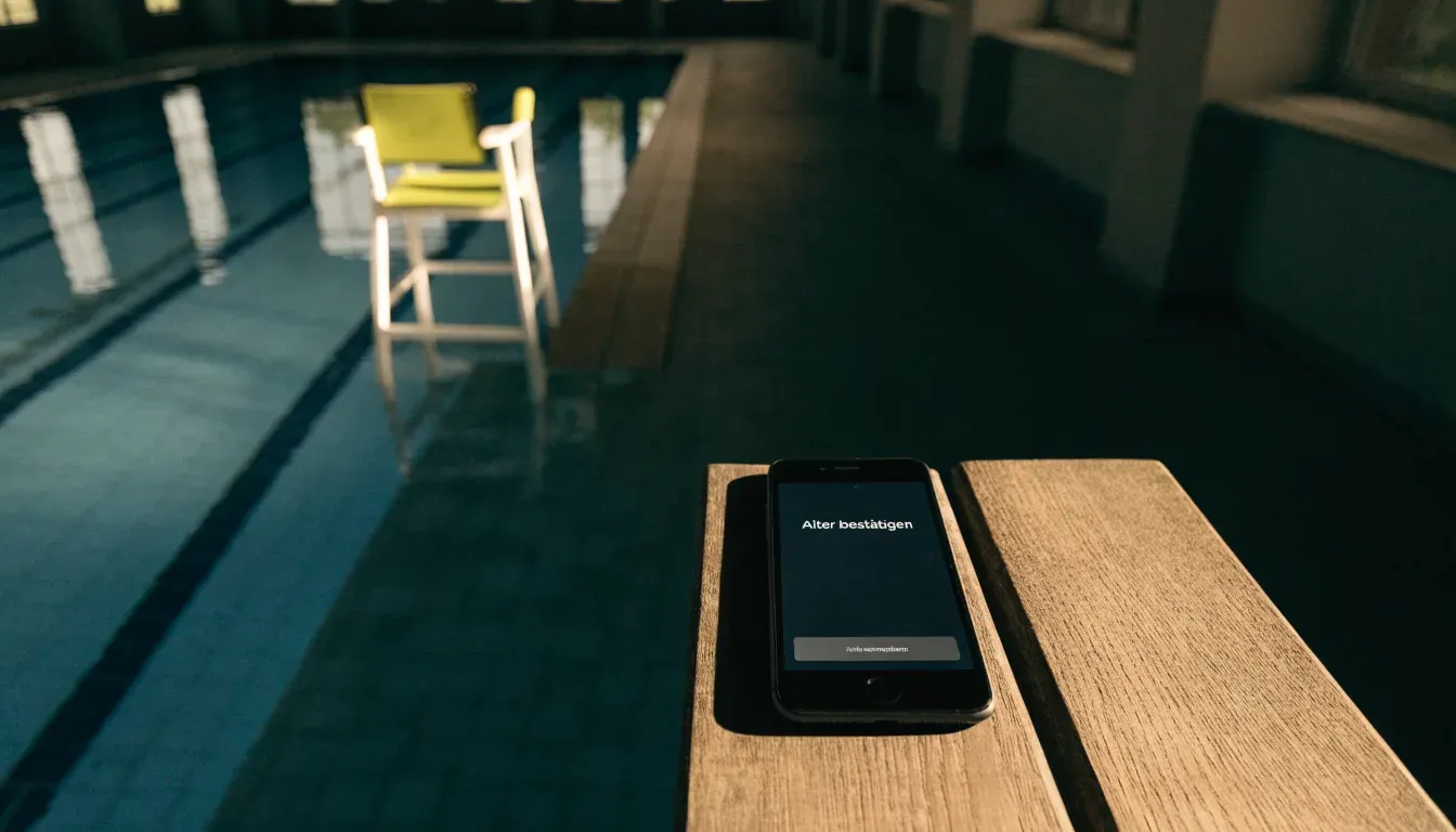 Ein Bademeisterstuhl neben einem Hallenbad zur Schliesszeit, gedimmtes Licht, glatte Wasseroberfläche.