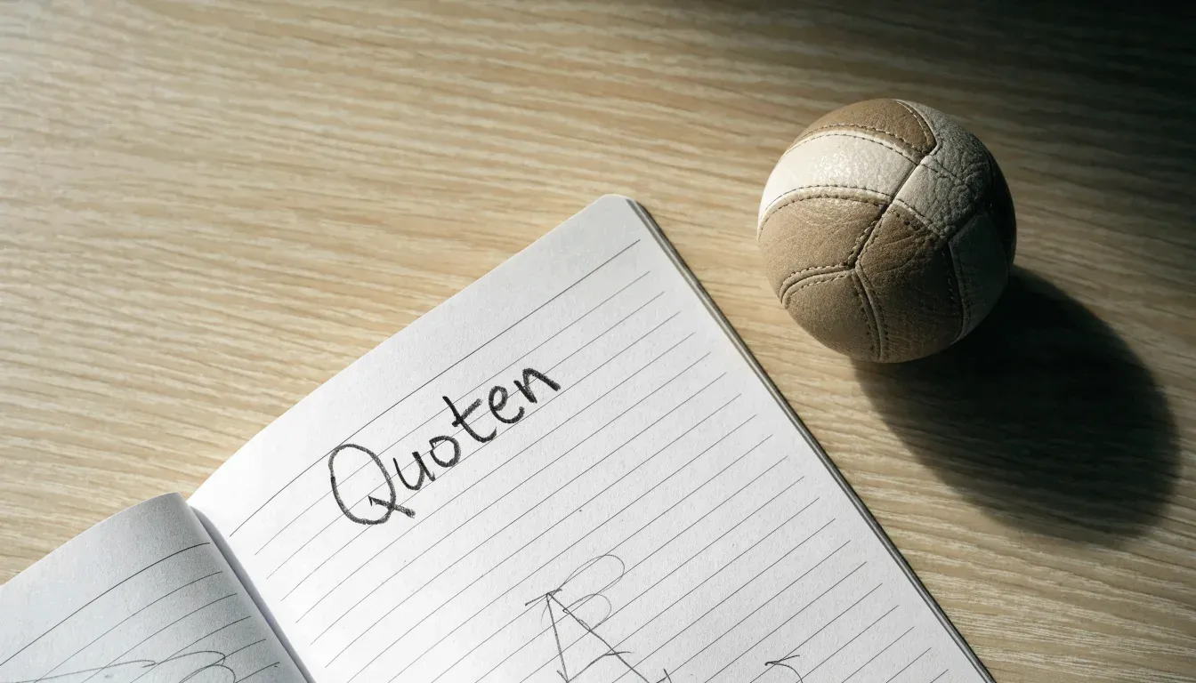 Ein aufgeschlagenes Notizbuch mit Bleistiftskizzen und ein kleiner Fussball liegen auf einem Holztisch im Tageslicht.