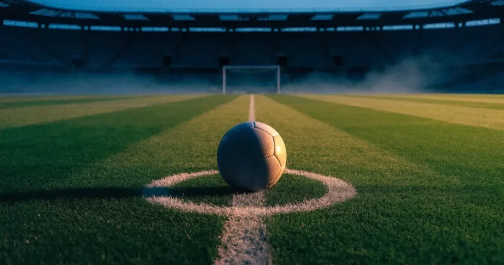Ein Fussball liegt auf dem Anstosspunkt eines leeren Rasenplatzes, dahinter ragen die Ränge eines grossen Stadions in der Abenddämmerung auf.