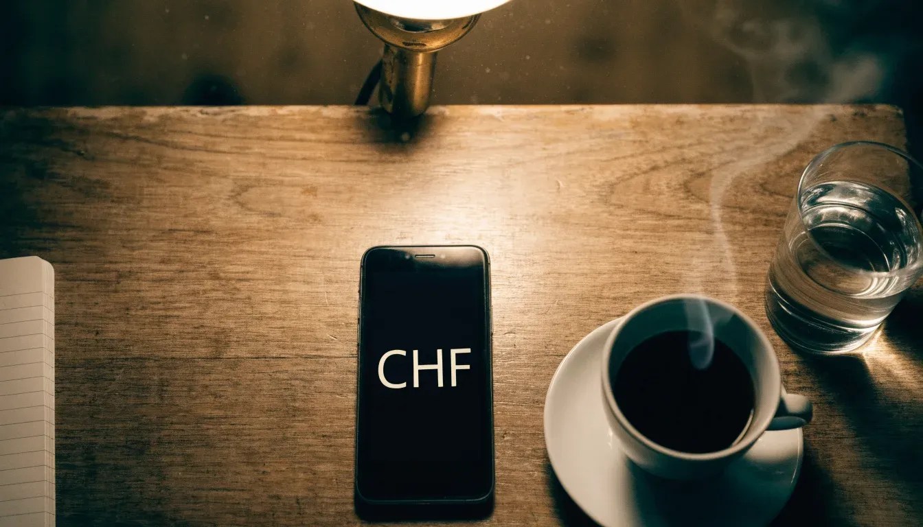 Ein Smartphone mit dunklem Display liegt neben einer Kaffeetasse und einem Glas Wasser auf einem Holztisch im Licht einer Lampe.