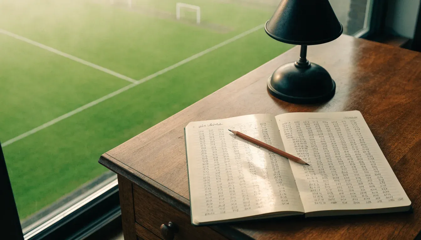 Ein Schreibtisch am Fenster mit Schreibtischlampe, Bleistift und leerem Block, draussen liegt ein Fussballplatz im Dunst.