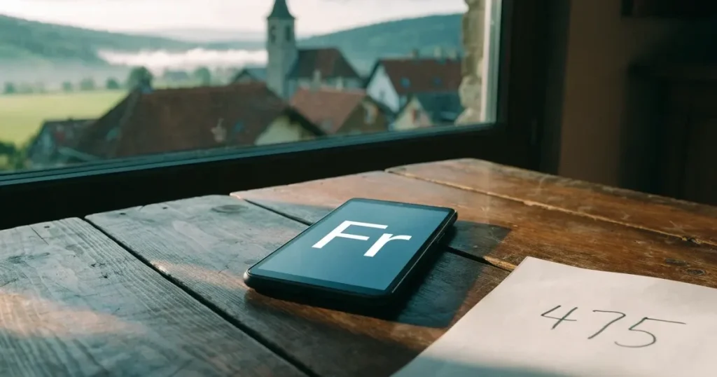 Ein Sparschwein aus Keramik steht auf einem Küchentisch neben einem Smartphone mit dunklem Display, im Fenster dahinter ein Schweizer Dorf im Morgenlicht.