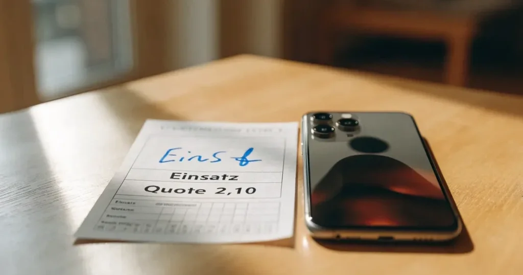Ein kleines Geschenk mit Schleife steht auf einem Holztisch neben einem Smartphone mit dunklem Display im Seitenlicht.